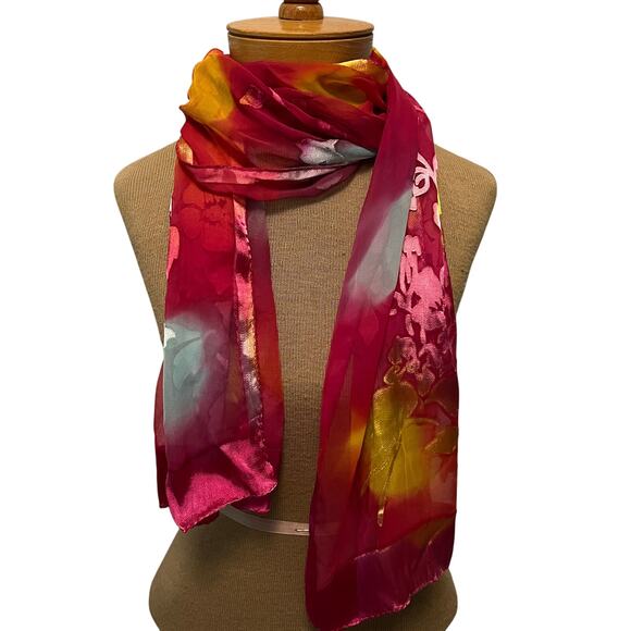 burnout style red sheer floral design scarf wrap satin edge 14x30 evening chic - Picture 1 of 6